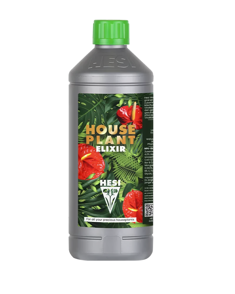 HESI HPE Houseplant Elixir – Flüssigdünger für Zimmerpflanzen in grauer Flasche mit grünem Deckel und tropischem Etikett