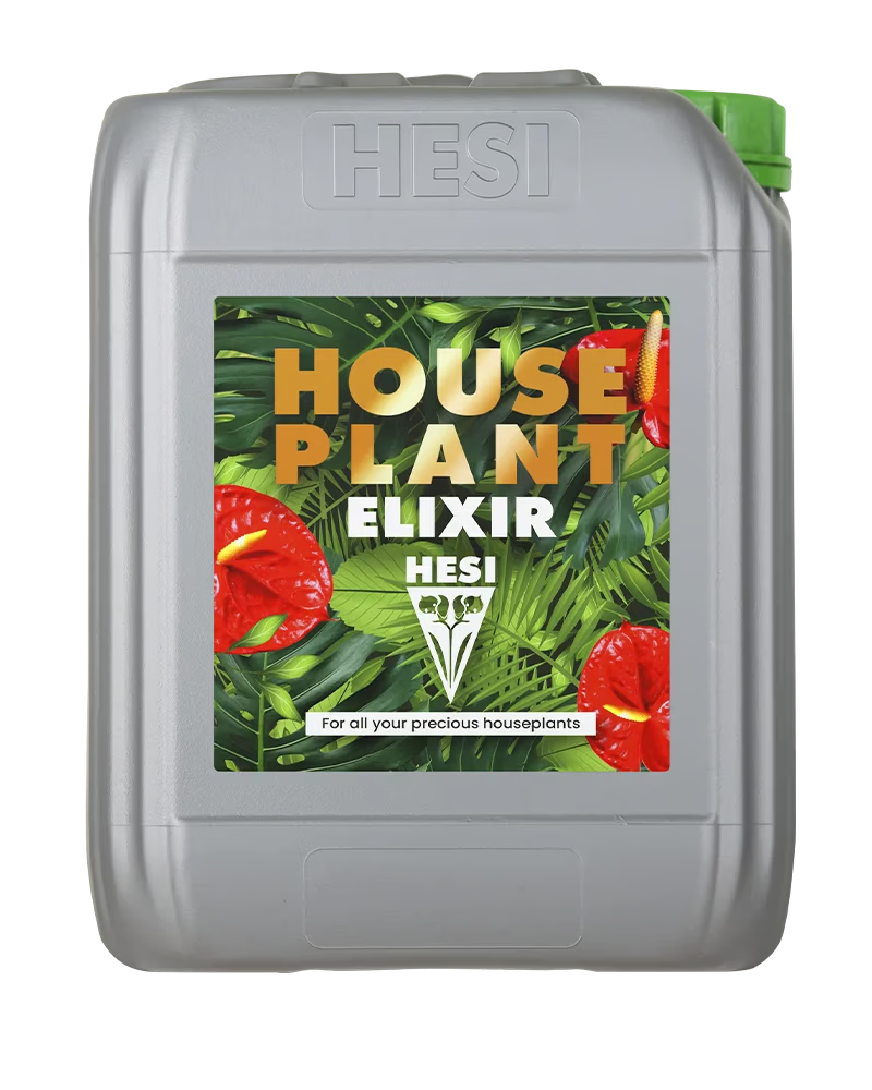 HESI Houseplant Elixir – Flüssigdünger für Zimmerpflanzen in grauem Kanister mit grünem Deckel und tropischem Etikett