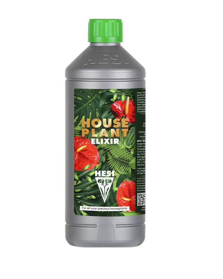 HESI HPE Houseplant Elixir – Flüssigdünger für Zimmerpflanzen in grauer Flasche mit grünem Deckel und tropischem Etikett