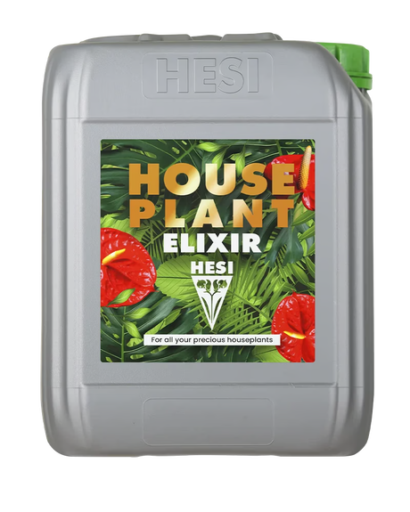 HESI Houseplant Elixir – Flüssigdünger für Zimmerpflanzen in grauem Kanister mit grünem Deckel und tropischem Etikett